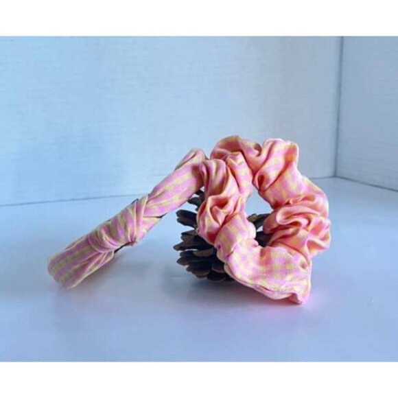 Girls Pink & Yellow Check Headband & Scrunchie Set – Stylish Hair Accessory Bund - Picture 6 of 12